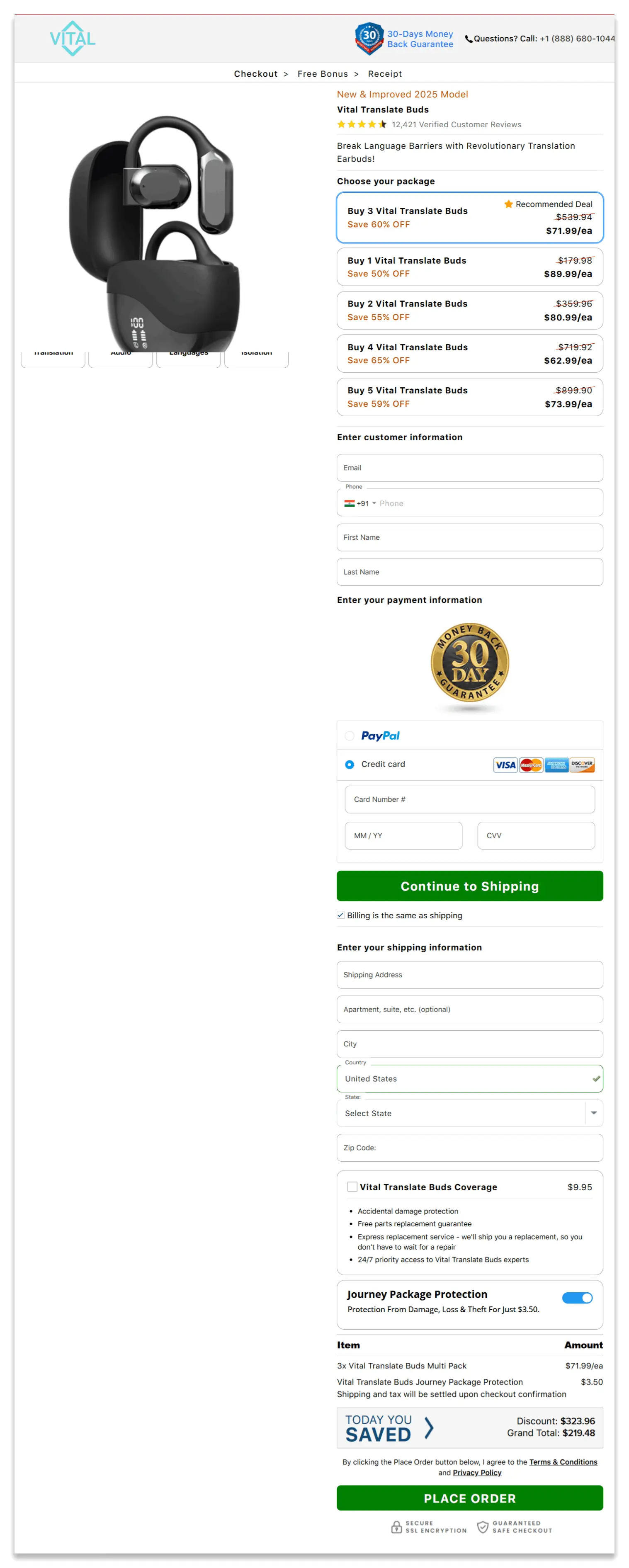 Vital Translate Buds checkout page